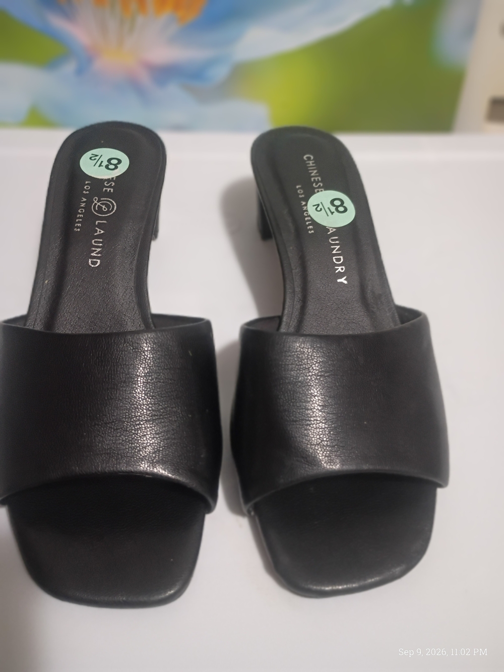 Chinese Laundry Black Slide Sandals with Low Block Heel